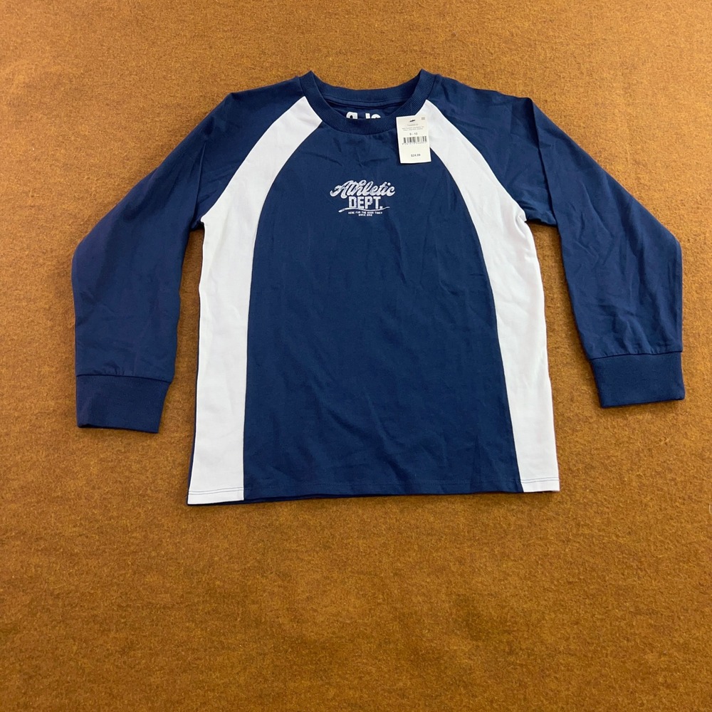 Cotton On Kids 9-10 Blue White Moto Panelled Athletic Long Sleeve T-Shirt NWT